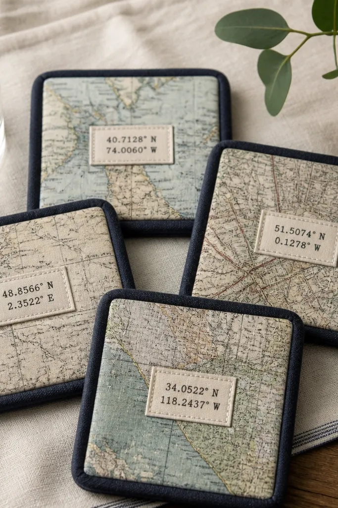 Four square coasters covered in a vintage map print fabric, each with a dark fabric binding around the edges and a stitched center label reading a coordinate.