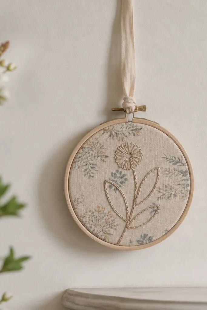 A small embroidery hoop on the wall. Inside is a piece of thrifted fabric with a simple stitched line pattern, backed with beige linen and finished with a hanging ribbon.