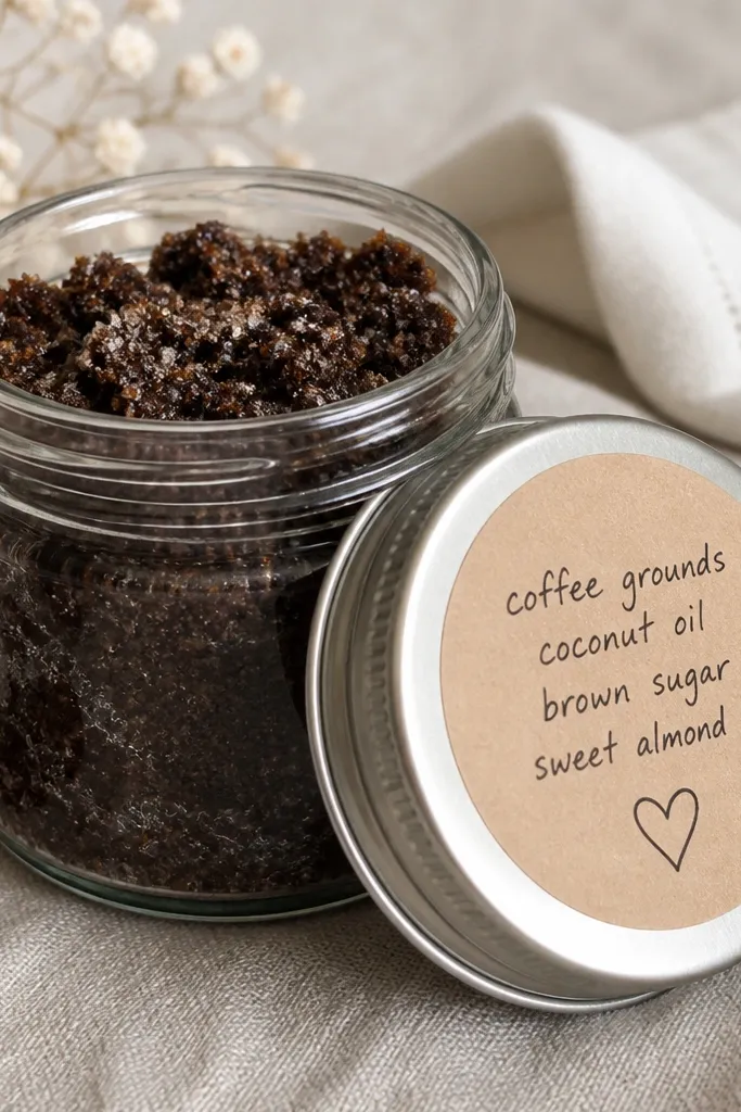A small glass jar filled with dark brown coffee grounds and sugar scrub. The lid has a handwritten label with ingredients and a simple heart icon.