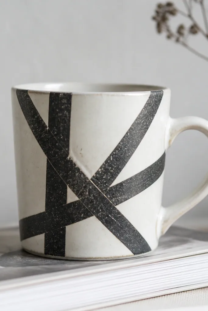 A white thrift mug with a bold dark paint quote. The quote is made with masking tape lines, and the paint looks slightly textured like a hand-scratched effect.