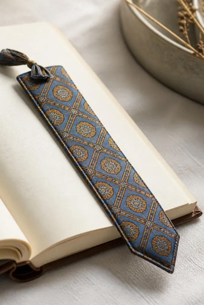 A bookmark made from a repurposed silk tie. It has a neat pointed end, a stitched border, and a small tassel made from tie fabric.