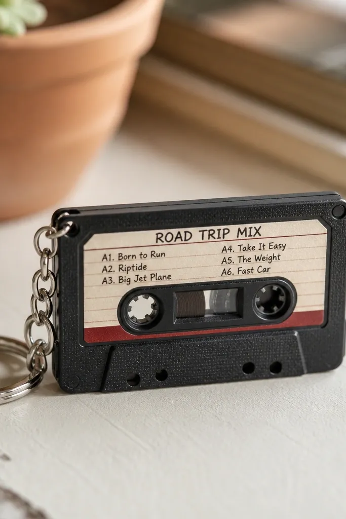 A small keychain shaped like a mini cassette. The front has a paper label with a playlist title and handwritten track names in neat blocks.