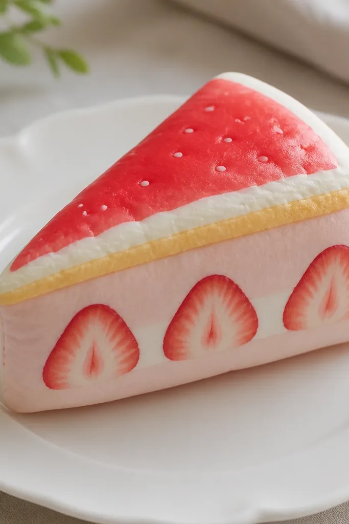 A paper squishy slice of strawberry shortcake on a white plate. The top looks like layered cake with pale cream cardstock, a red strawberry glaze, tiny white specks, and a yellow sponge edge. The side has a soft blush-pink shading and the slice is slightly domed.