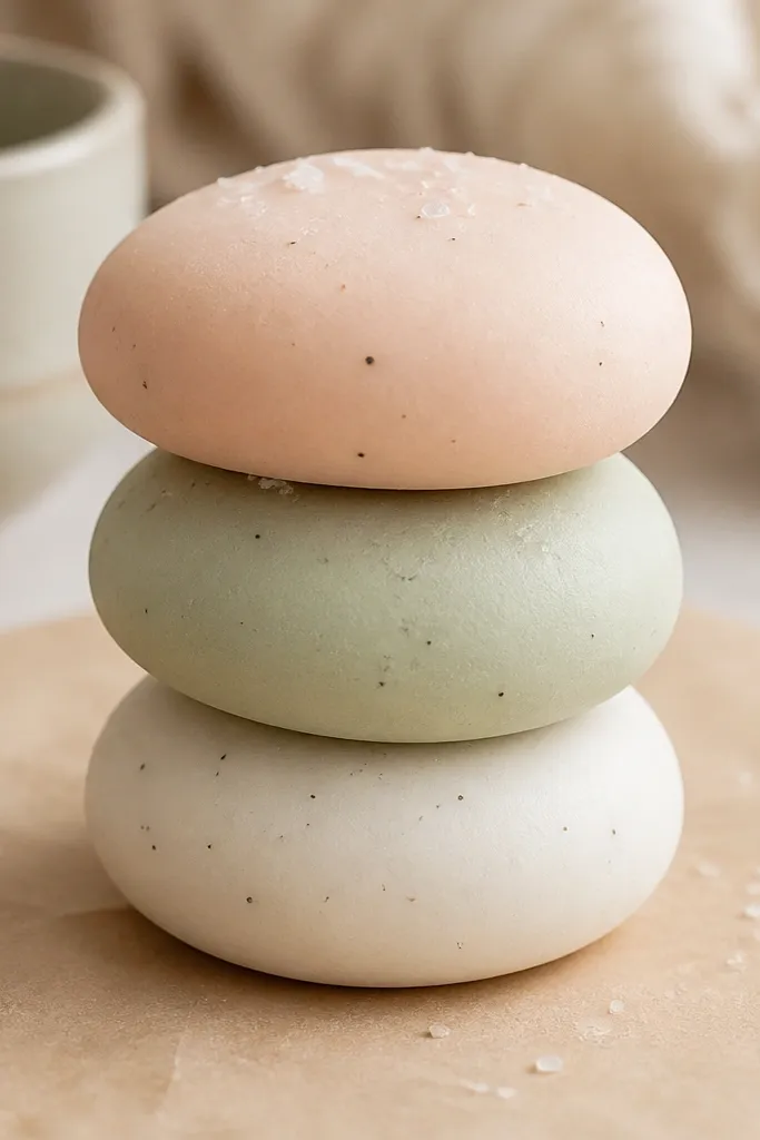 Three round mochi squishies stacked on a craft table. Each is a different pastel: light peach, pale green, and soft white. They have tiny dark speckles like sea salt, and the edges look slightly rounded and smooth.