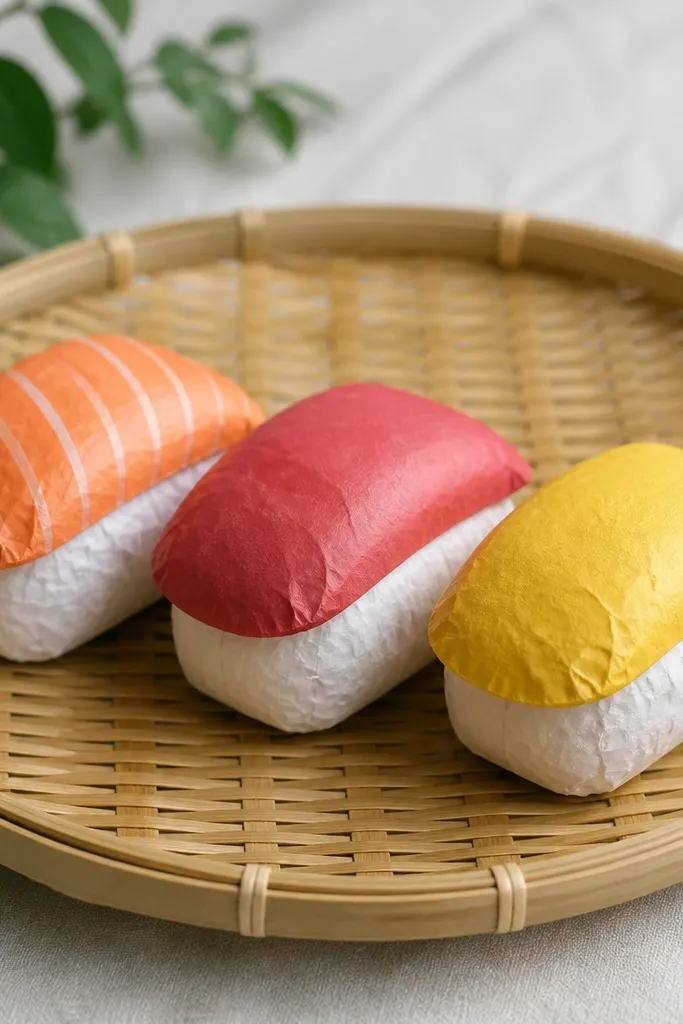 A trio of paper squishy nigiri on a bamboo tray. One has salmon-orange top, one has tuna-red, and one has egg-yellow. Each piece has a tiny rice-grain texture on the white base and a smooth squishy top.