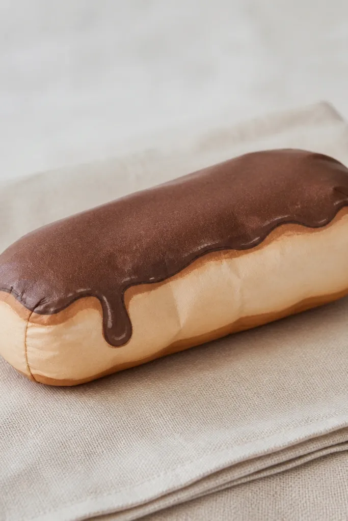 A single paper squishy eclair on a napkin. The body is a pale cream tube with a darker brown chocolate top. A small chocolate drip hangs from one side, and the edges are shaded brown.