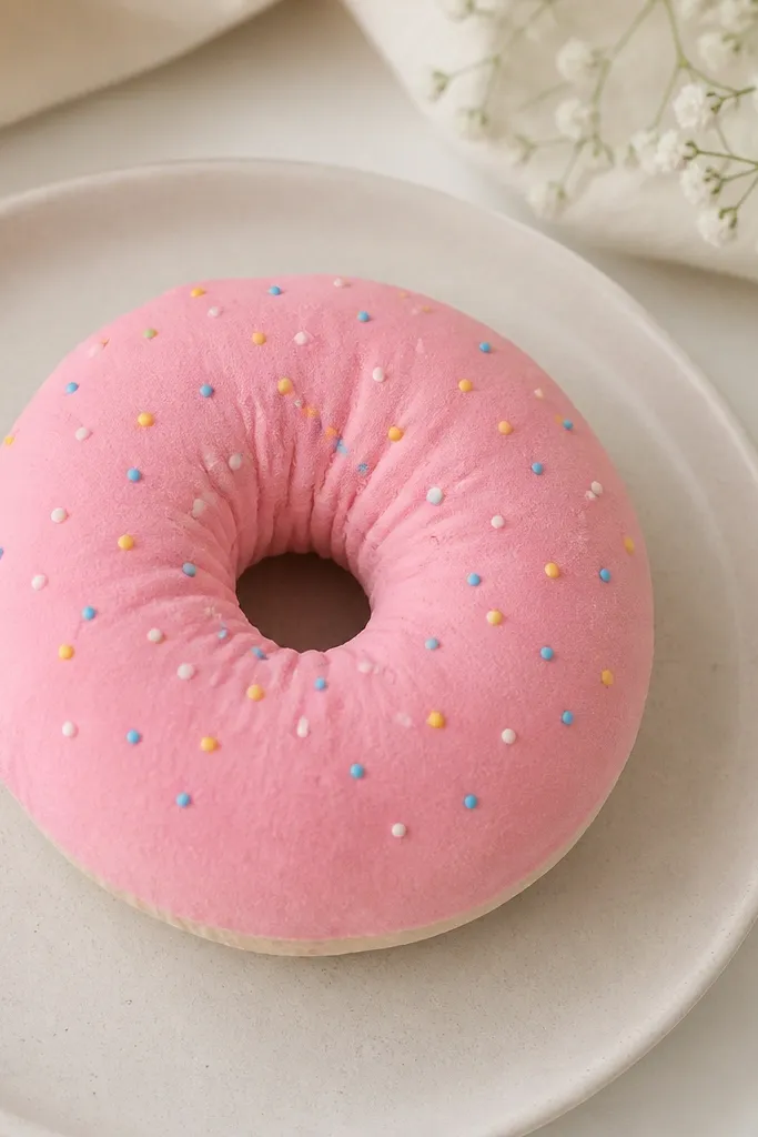 A donut-shaped paper squishy with a visible hole in the middle. The outside is light pink with a matte finish, and the hole is slightly squishy. Sprinkles are tiny dots in neon yellow, blue, and white.