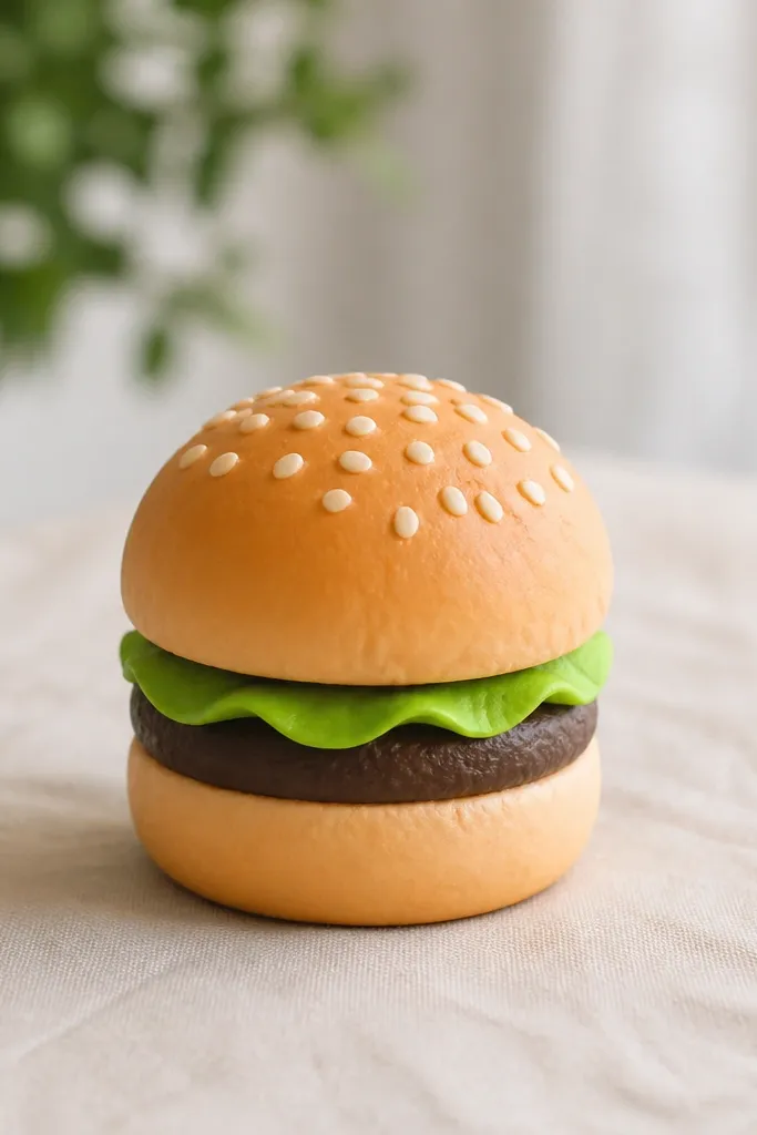 A mini hamburger squishy with three visible layers. The bun top is light brown with sesame seeds, lettuce is green folded paper, and the patty is dark brown. The bottom bun is slightly thicker and the whole burger sits upright.
