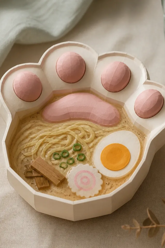 A paper squishy ramen bowl shaped like a cat paw. The broth is light beige with darker speckling, and the noodles are thin yellow lines drawn in loops. The paw toes are rounded and slightly raised.