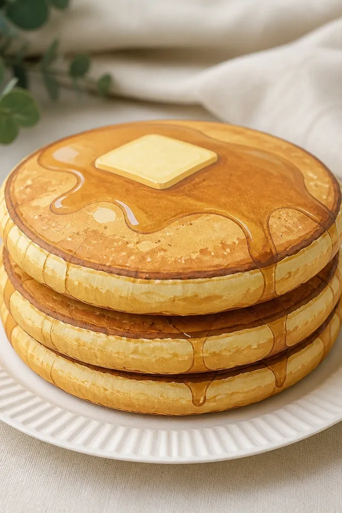 A stack of three paper squishy pancakes on a cardstock plate. The pancakes are golden with darker brown edge shading, and there's a glossy-looking maple drip drawn with brown ink. Tiny bubbles are speckled on the surface.