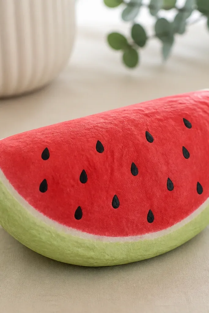 A wedge-shaped watermelon paper squishy. The rind is light green, the white layer is thin and pale, and the inside is bright red with black curved seed dots. The wedge has a soft domed top.