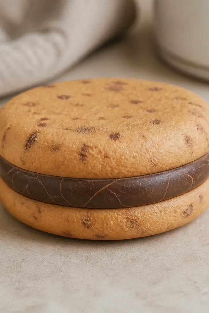 A cookie sandwich squishy with two round cookies and a chocolate filling. The cookies are light brown with darker speckled spots, and the chocolate center has thin crack lines drawn in a lighter brown.