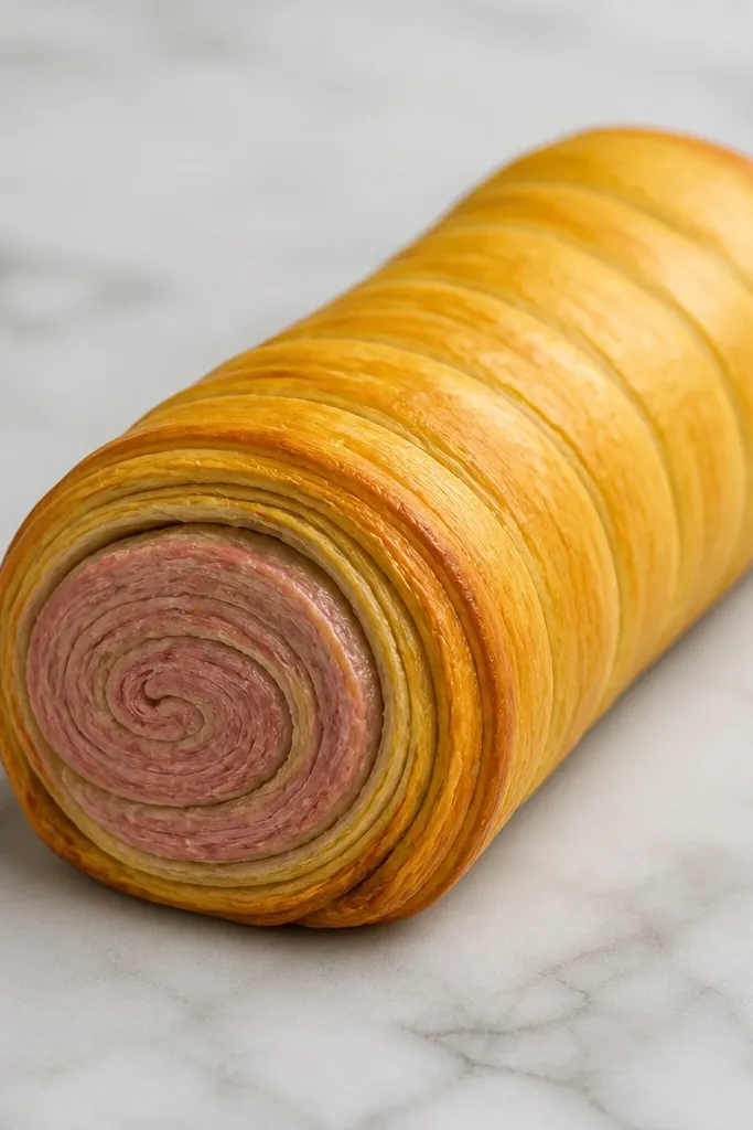 A curled sausage roll squishy made of paper. The outer pastry is golden with darker crimped edges, and the inside shows a pinkish sausage swirl. It's long and slightly tapered.