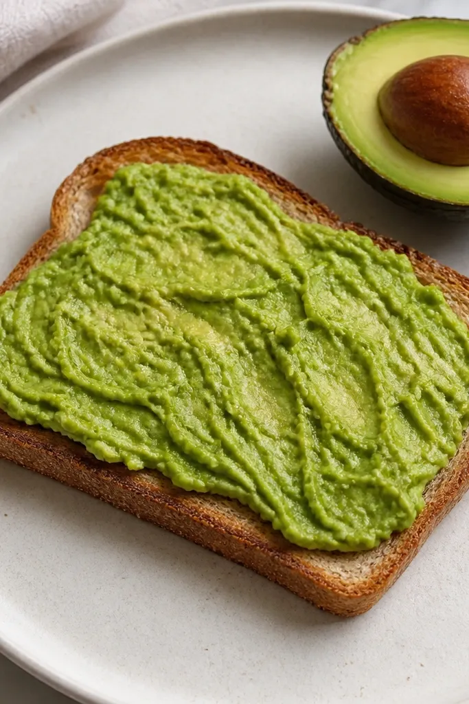 A slice of toast with green avocado spread. The toast is tan with darker toasting edges, and the avocado has a bumpy texture drawn in lighter green lines. One half of a seed is shown as a darker brown oval.