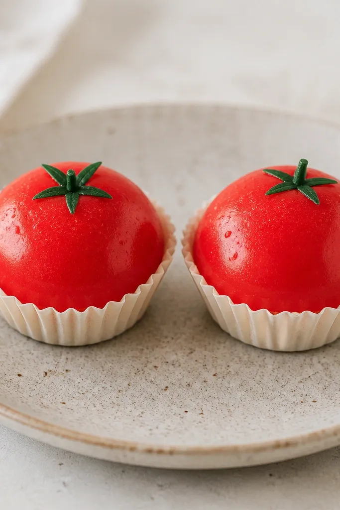 Two cherry tomato squishies side by side. They are red with small darker spots, and each has a tiny green leaf on top. The tomatoes are slightly domed and look like they sit in a tiny paper bowl.