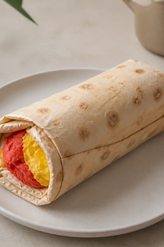 A paper squishy burrito with a rolled tortilla shape. The tortilla is tan with darker toasted spots, and the filling shows a red and yellow stripe inside. The seam is drawn along the side, and the ends are folded.