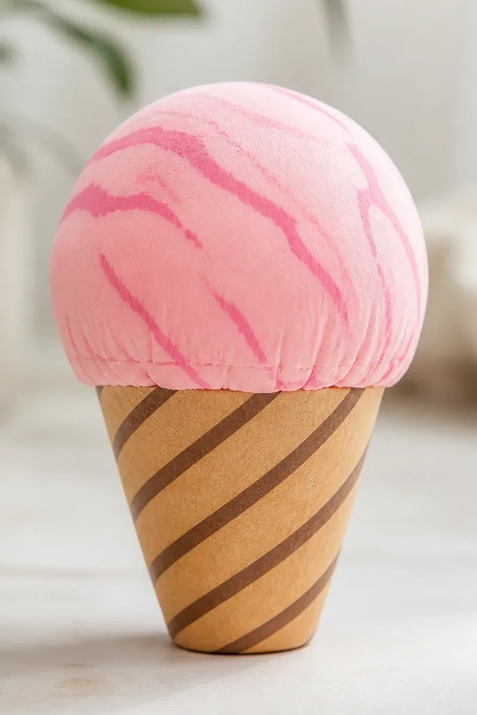 A waffle cone with one large scoop on top. The cone has diagonal stripe lines in brown, and the ice cream scoop is pastel pink with a few darker swirls. It's a paper squishy with a rounded, bouncy shape.