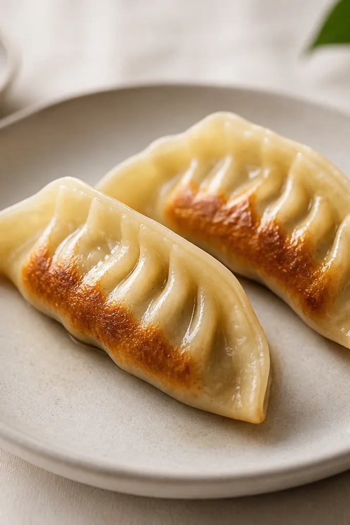 A pair of gyoza dumplings shaped as half-moons. The bottoms are slightly darker, with pleated fold lines drawn along the edge. A thin sheen is suggested on the pan side.