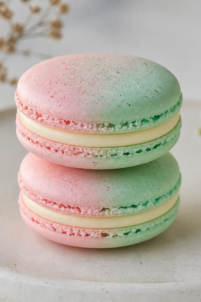 Two macarons stacked like a sandwich. The shells are pastel rainbow: one side pink, one side mint, and the filling is pale cream. The top shells have tiny speckled dots and a slight dome.