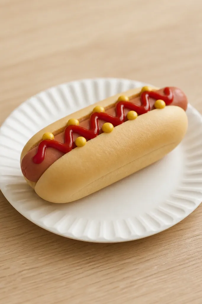A hot dog squishy on a tiny paper plate. The bun is pale yellow with a slight crease line, and the sausage is pinkish-brown. Ketchup is red zigzags and mustard is drawn with yellow dots that form small mounds.