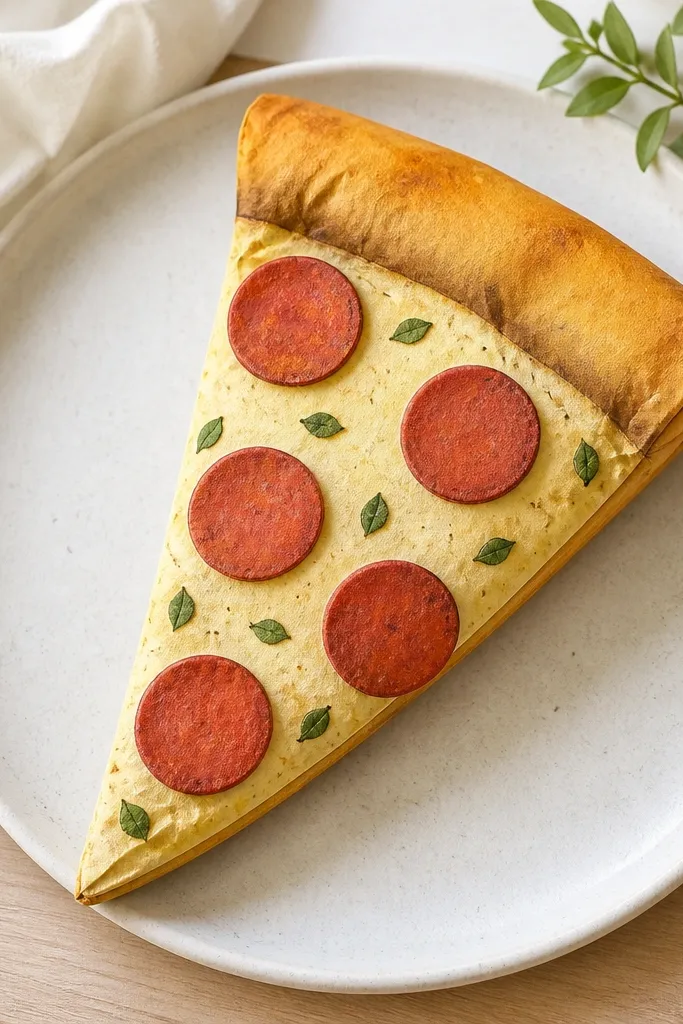 A paper squishy pizza slice on a plate. The crust is golden with darker edge shading, the cheese is pale yellow with speckled cornmeal dots, and pepperoni is red circles with darker edges. A few green basil flecks sit on top.