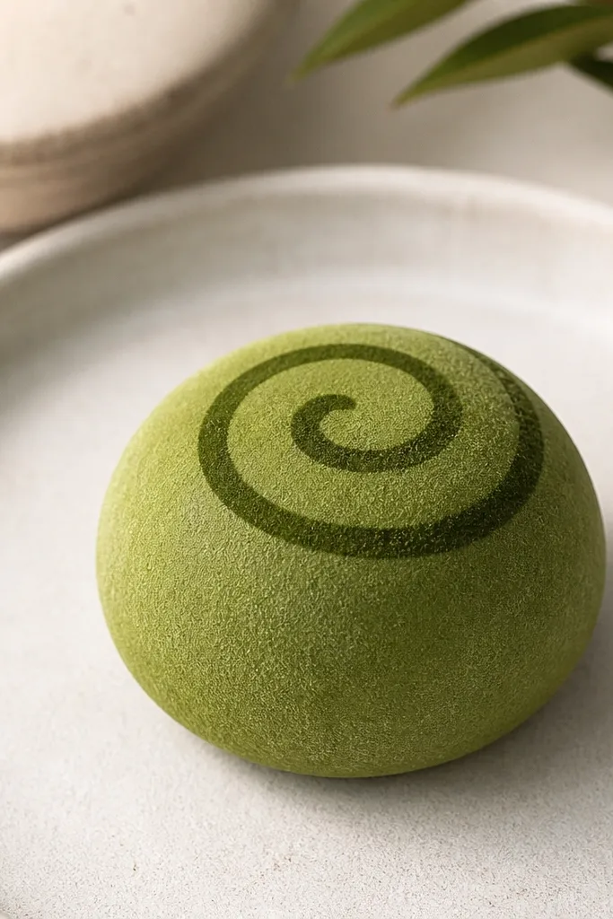 A small green mochi squishy with a darker green swirl on top. The edges are smooth and rounded, and the surface has a soft matte look like powdered matcha.