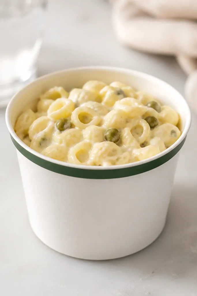 A small paper squishy cup of macaroni salad. The cup is white with a green rim, the salad is pale yellow with tiny shell shapes drawn, and there are small green olive dots.