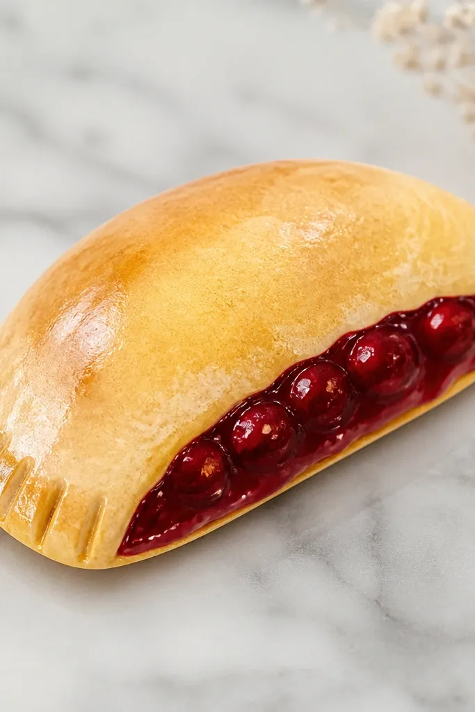 A half-moon cherry pie pocket squishy. The crust is golden with crimped edges drawn in pencil, and the inside filling is deep red with darker cherry spots. A few glossy highlights sit on top.