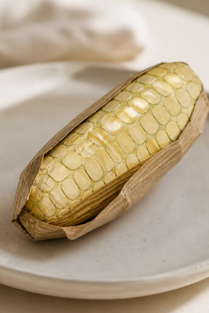 A small corn cob squishy made from paper. The cob is pale yellow with rows of tiny greenish kernels drawn, and it has a brown paper husk edge. There are subtle highlights like butter shine.