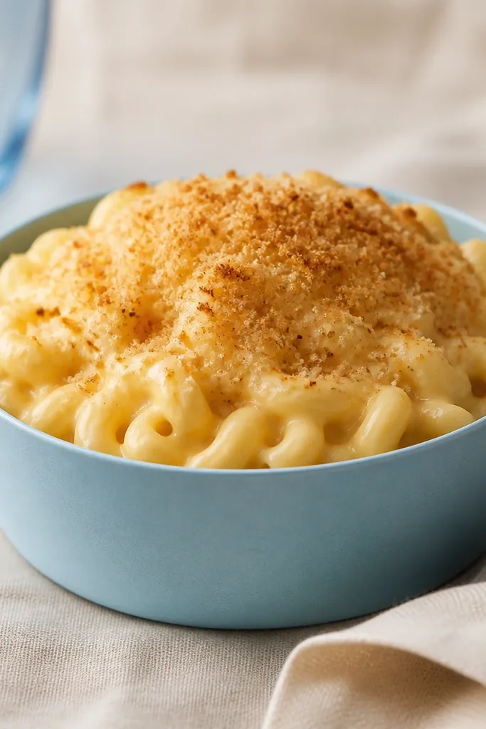 A paper squishy bowl of mac and cheese. The bowl is light blue, the pasta is pale yellow with small curve lines, and the top has a dusting of brown breadcrumbs. The center has a soft squishy dome.