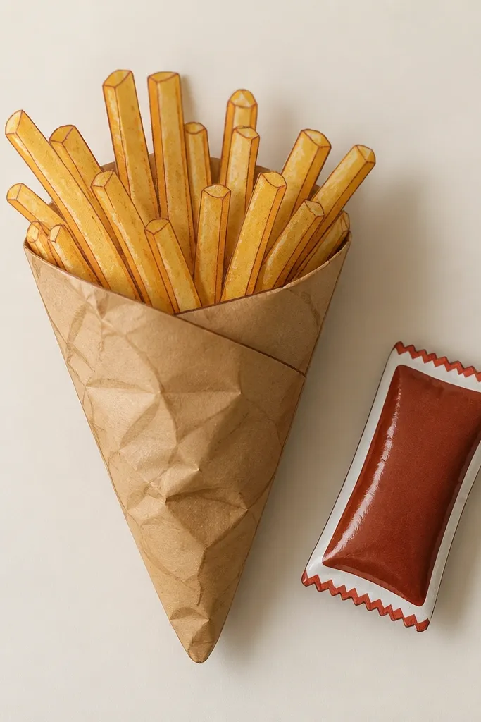 A cone-shaped paper squishy of French fries. The fries are drawn as thin golden strips, and the cone has a crinkled brown paper look. Next to it sits a small ketchup packet with a red zigzag seal.