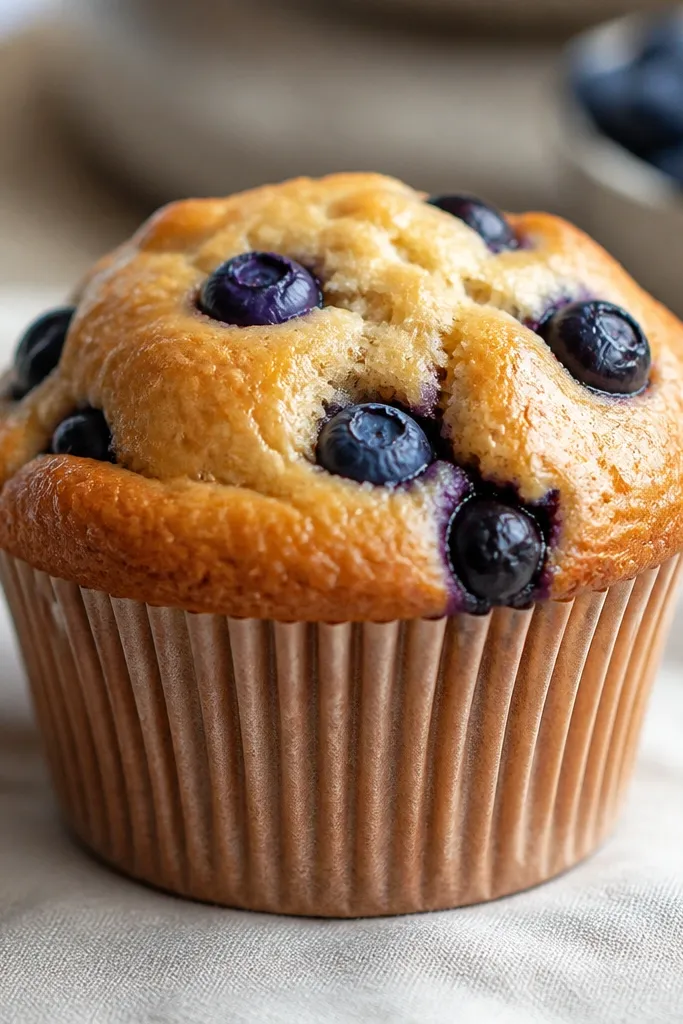 A muffin top squishy with a paper cup base. The muffin is golden with a domed top and blueberries scattered in deep blue with lighter highlights. The paper cup has vertical ridges drawn in brown.