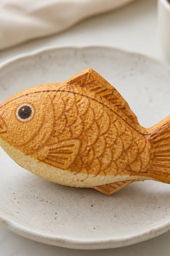 A fish-shaped paper squishy taiyaki. The body is golden brown with a darker crisscross and scale pattern. The belly is lighter, and a seam line runs along the fish spine.