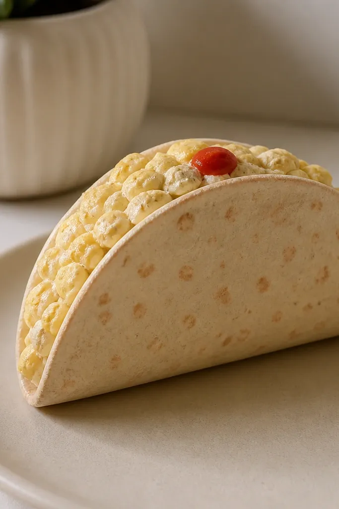 A taco-shaped paper squishy with a curved shell. The shell is beige with darker toasted spots, and the filling is pale yellow with tiny crumbles drawn. A small red hot sauce dot sits on top.