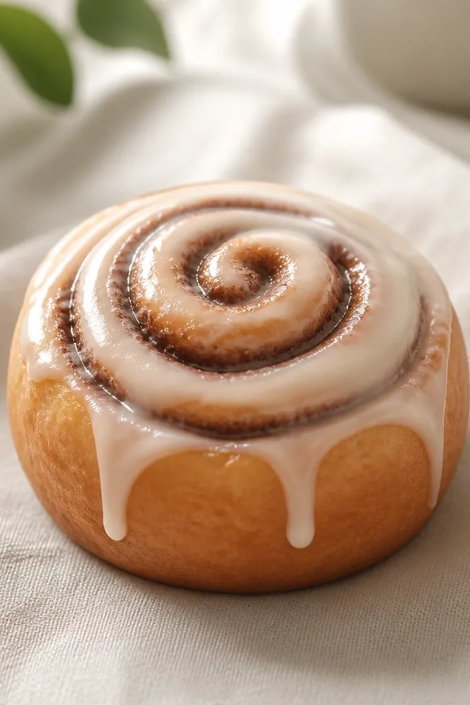 A cinnamon roll squishy with a spiral swirl. The outer edge is golden brown, the swirl layers are darker brown lines, and the top has a pale glaze with a few glossy drips.