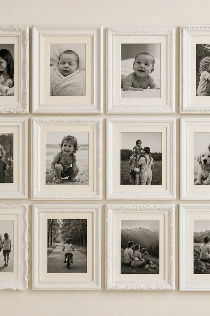 A 4x3 grid collage on a wall made from mismatched thrift frames, all painted matte white, each holding a 4x6 photo with a cream paper mat. The photos are aligned straight, with 1/4-inch gaps between frames and a simple black-and-white family timeline feel.
