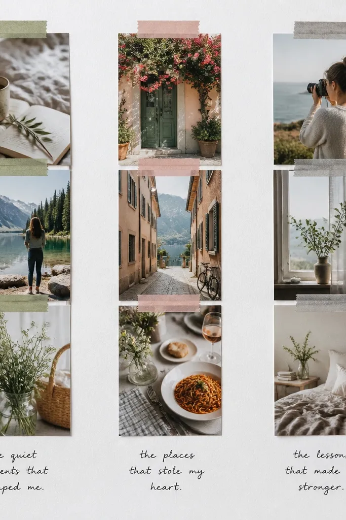 A vertical timeline collage made with three columns of small photos taped in strips. Each strip is held down with thin washi tape in muted colors (sage, blush, and gray), and the background is white cardstock with handwritten-style captions in black ink.