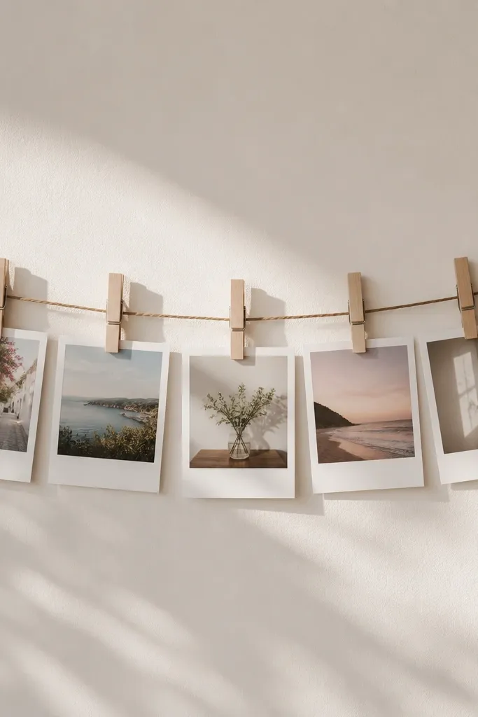A wall display showing Polaroid-style photos with thick white borders, clipped onto a simple twine line. The twine is held by two small hooks, and the clips are light wood clothespins, evenly spaced.