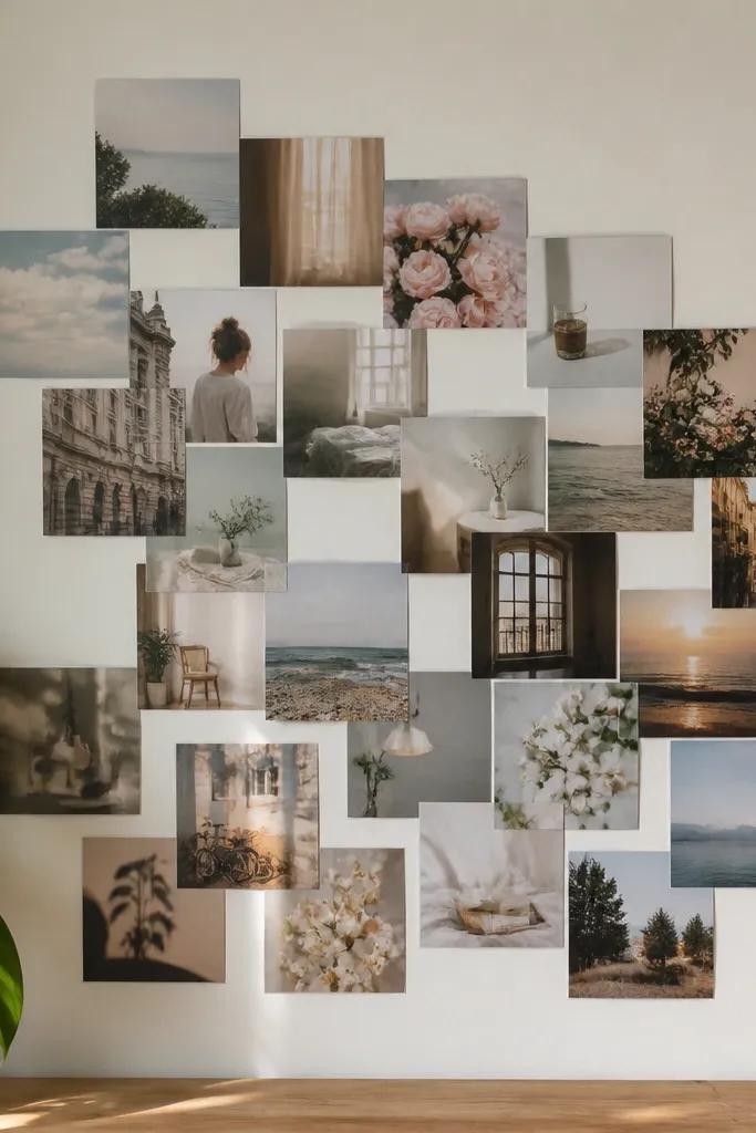 A photo collage on a smooth wall using clear contact paper sheets, with overlapping 4-inch square photos arranged in a staggered pattern. The edges are tidy, and the background stays visible through the clear layer.