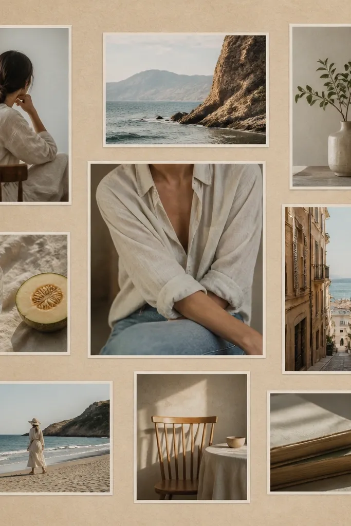 A collage board where each photo sits inside a window cut from a neutral book page background. The board has a soft tan tone, and the photos are bordered with thin white paper strips.