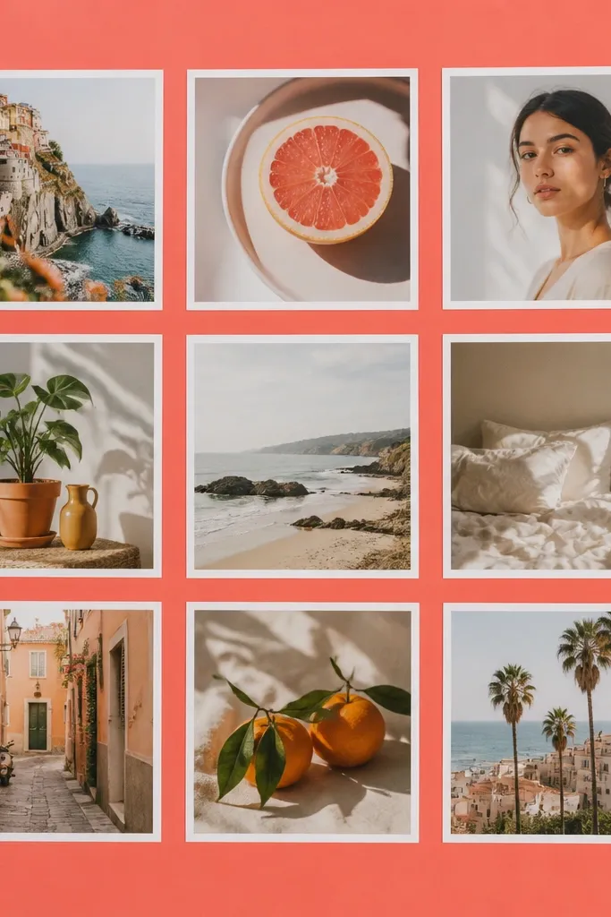 A collage made without frames: photos are glued directly onto a large bright coral poster board, each photo bordered with white paper mats. The layout forms a clean grid with even spacing.