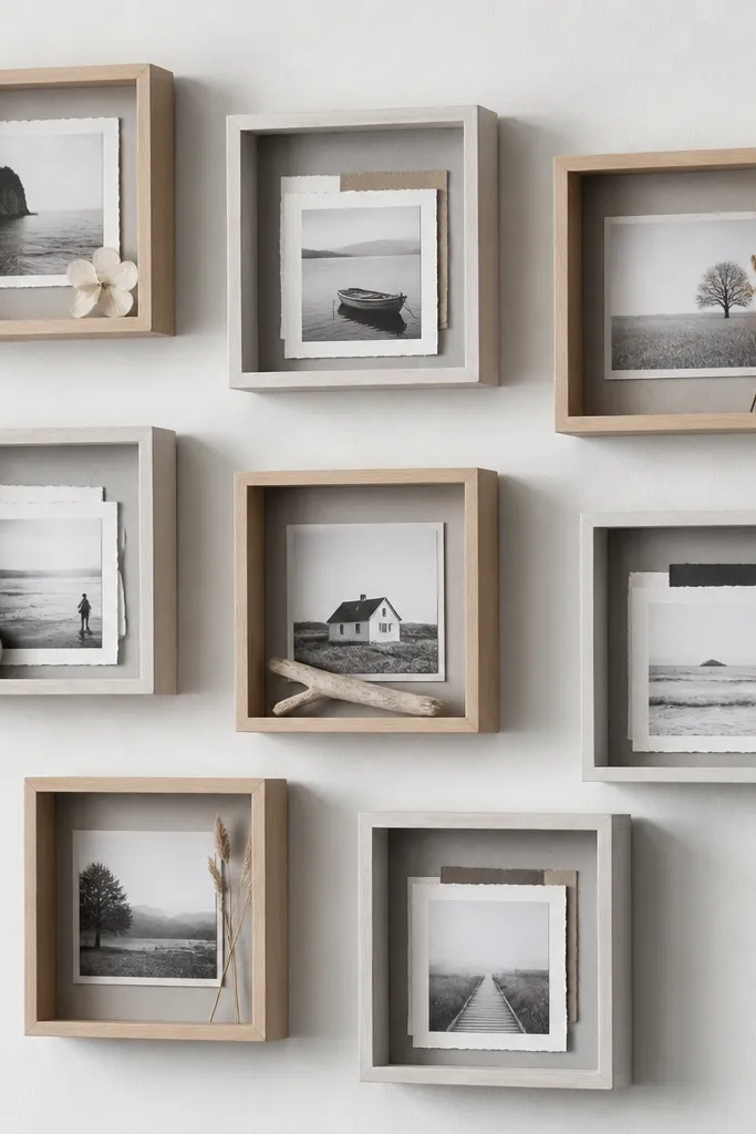 A set of small shadow-box style displays made from inexpensive frames, each containing a single photo with a few layers of paper. The background inside each box is light gray, and the boxes are arranged in a staggered grid.