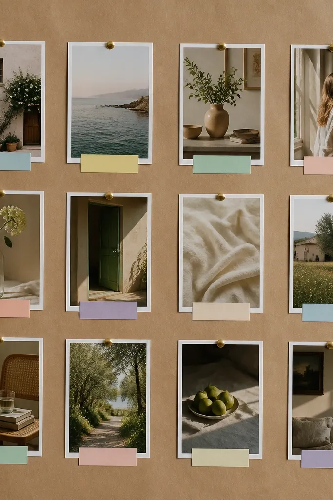 A collage board covered in kraft paper with photos pinned using small gold tacks. Each photo has a tiny caption label in a different pastel color, and the labels are aligned in the same spot under each image.
