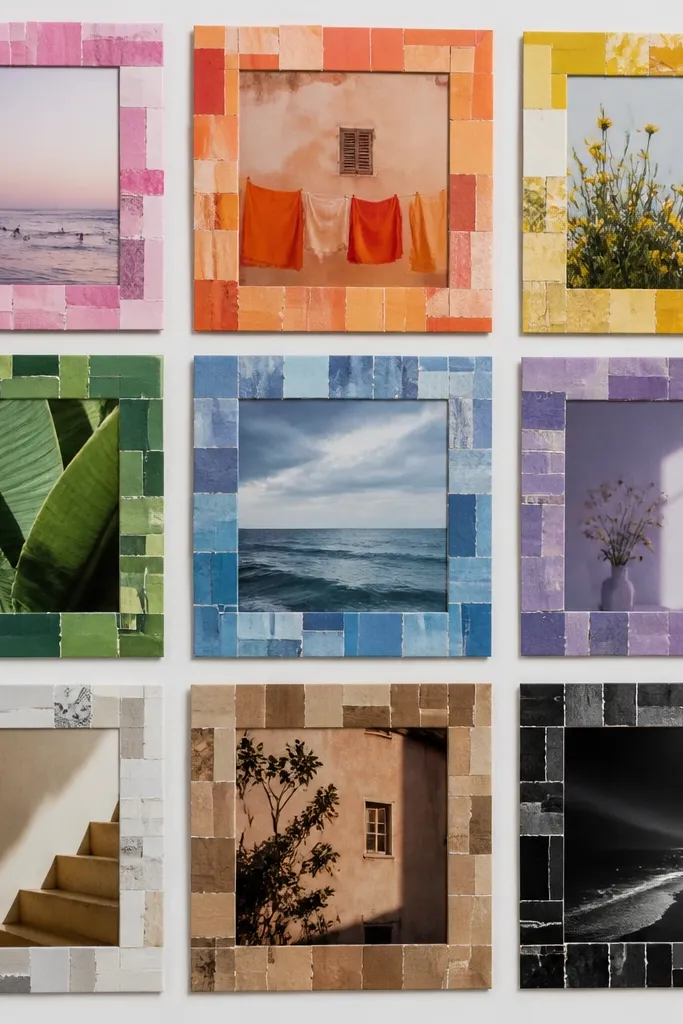 Photos mounted with borders made from cut-up magazine pages, creating a patchwork frame around each image. The collage is arranged in a tidy grid, with each border using similar color families.