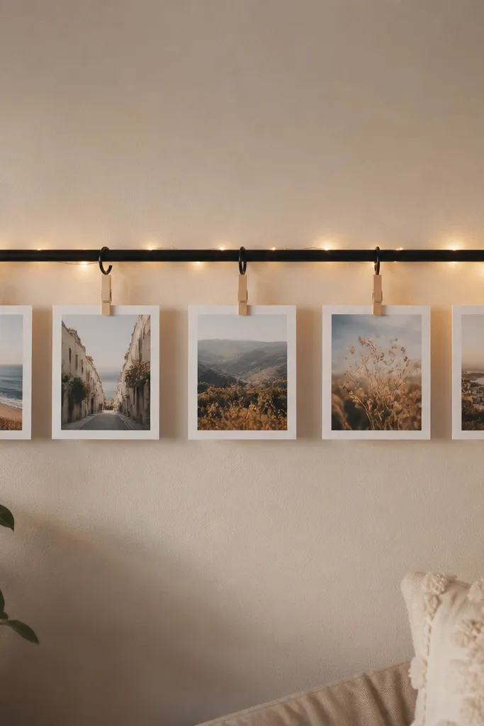 A curtain rod mounted across a wall with a string of photos clipped to it using clothespins. The photos are spaced evenly, and the background is a neutral wall with a few small fairy lights hidden behind the rod.