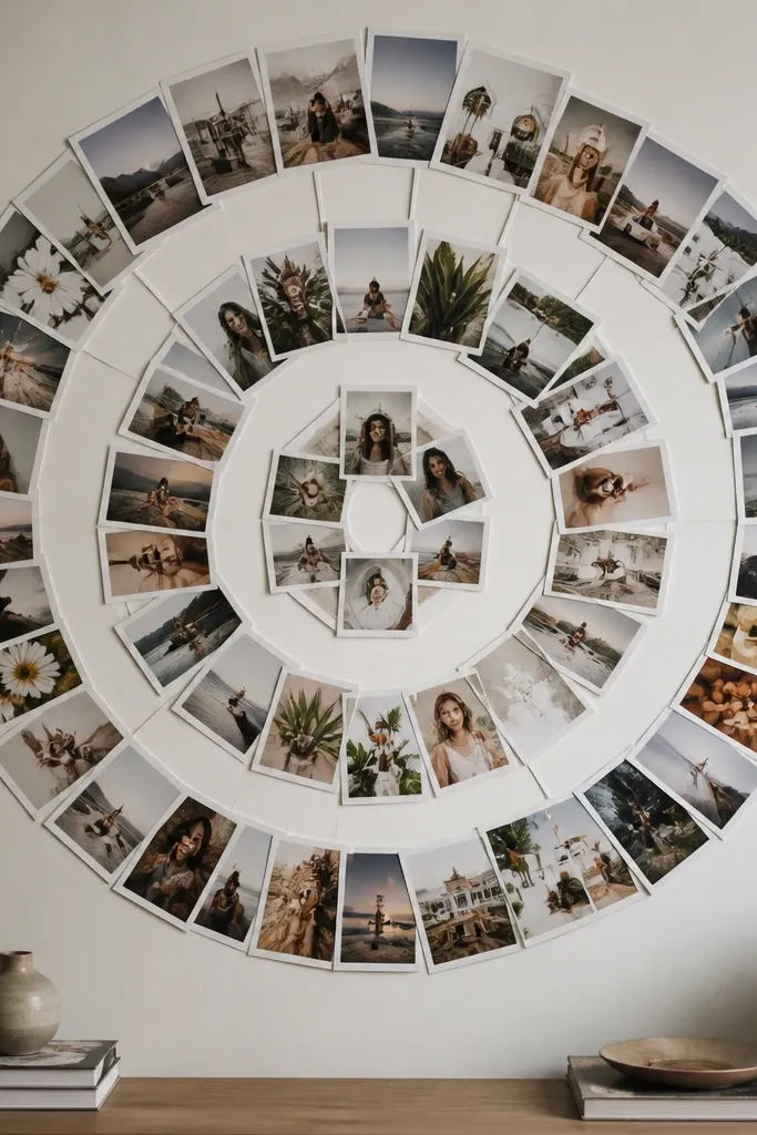 A large circular layout made from overlapping photo prints arranged like a halo. The circle is centered on the wall, with a ring of photos and a few smaller circles of photos near the center.