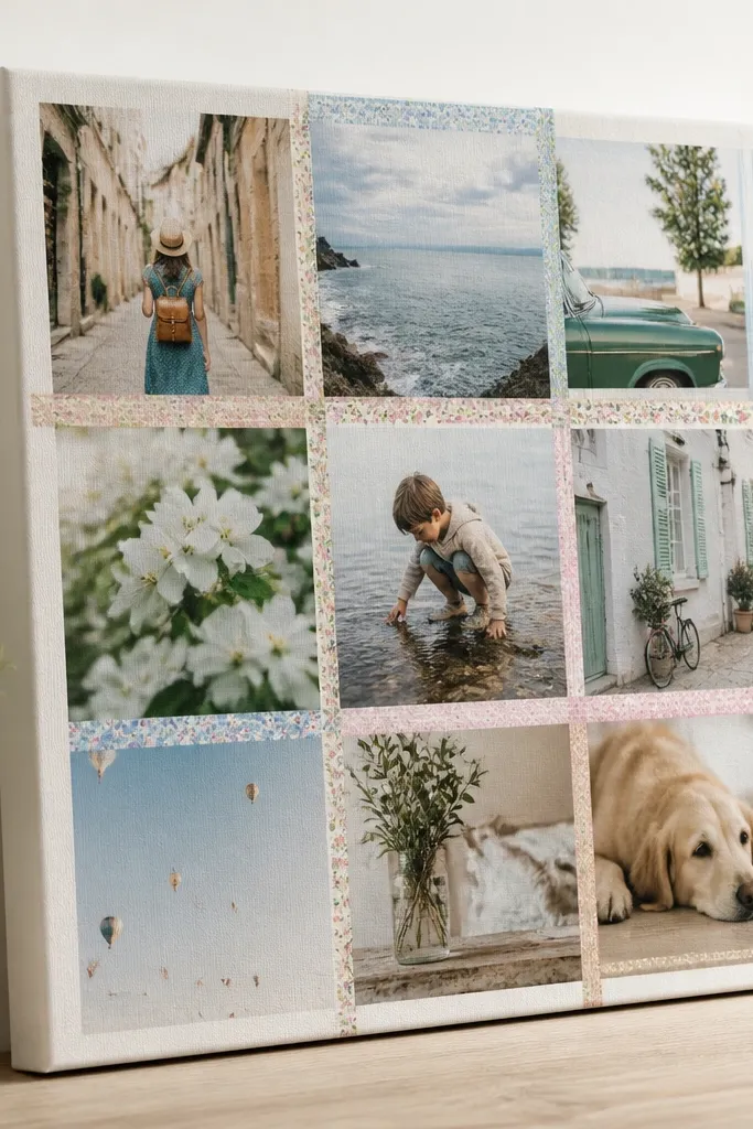 A photo grid mounted on a canvas board, with photos separated by thin strips of patterned washi tape. The canvas board is stretched and edges are visible, giving a textured finish.