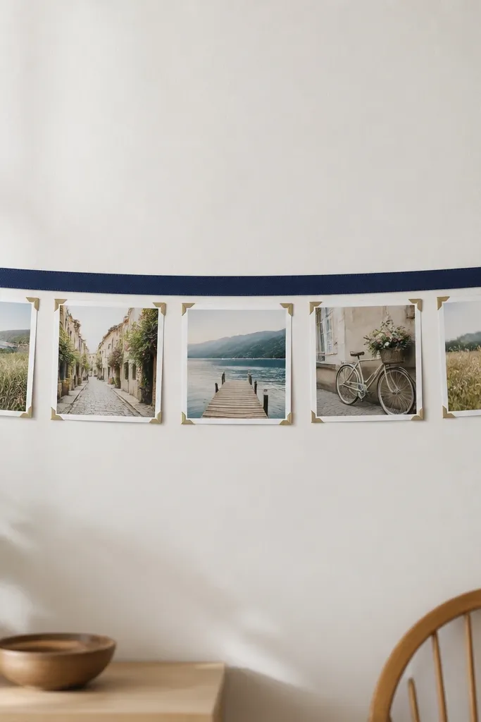 A long fabric ribbon stretched between two thumbtacks, with photos attached using photo corners. The ribbon is a solid navy, and photos have white borders and sit at equal intervals.