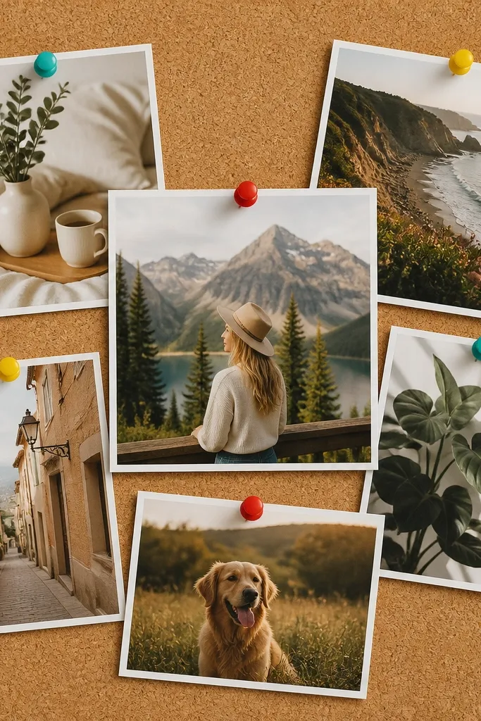 A cork board style collage with photos pinned in a pinwheel pattern. The cork has a natural texture, and photos are pinned with colorful pushpins (red, teal, and yellow) around a central photo.
