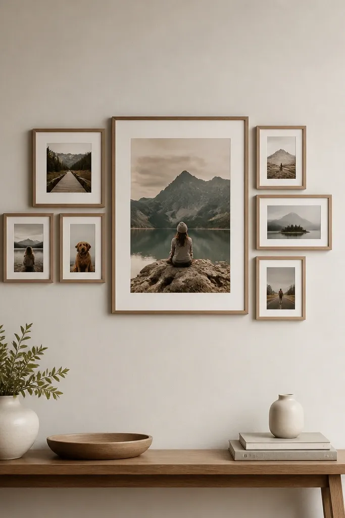 A wall cluster with one large central photo in a big frame, surrounded by several smaller frames of the same color. The frames are arranged in a tight cluster, and the rest of the wall is clean and empty.